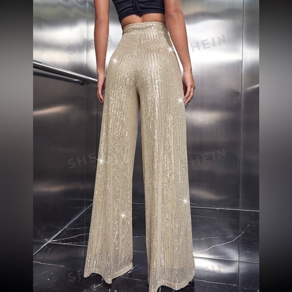 High Waisted Champagne Sequins Wide Leg Pants - Picture 2 of 5